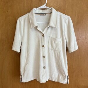 FAHERTY Cabana Towel Terry Top Short Sleeve Button Up Egret White Size Small‎